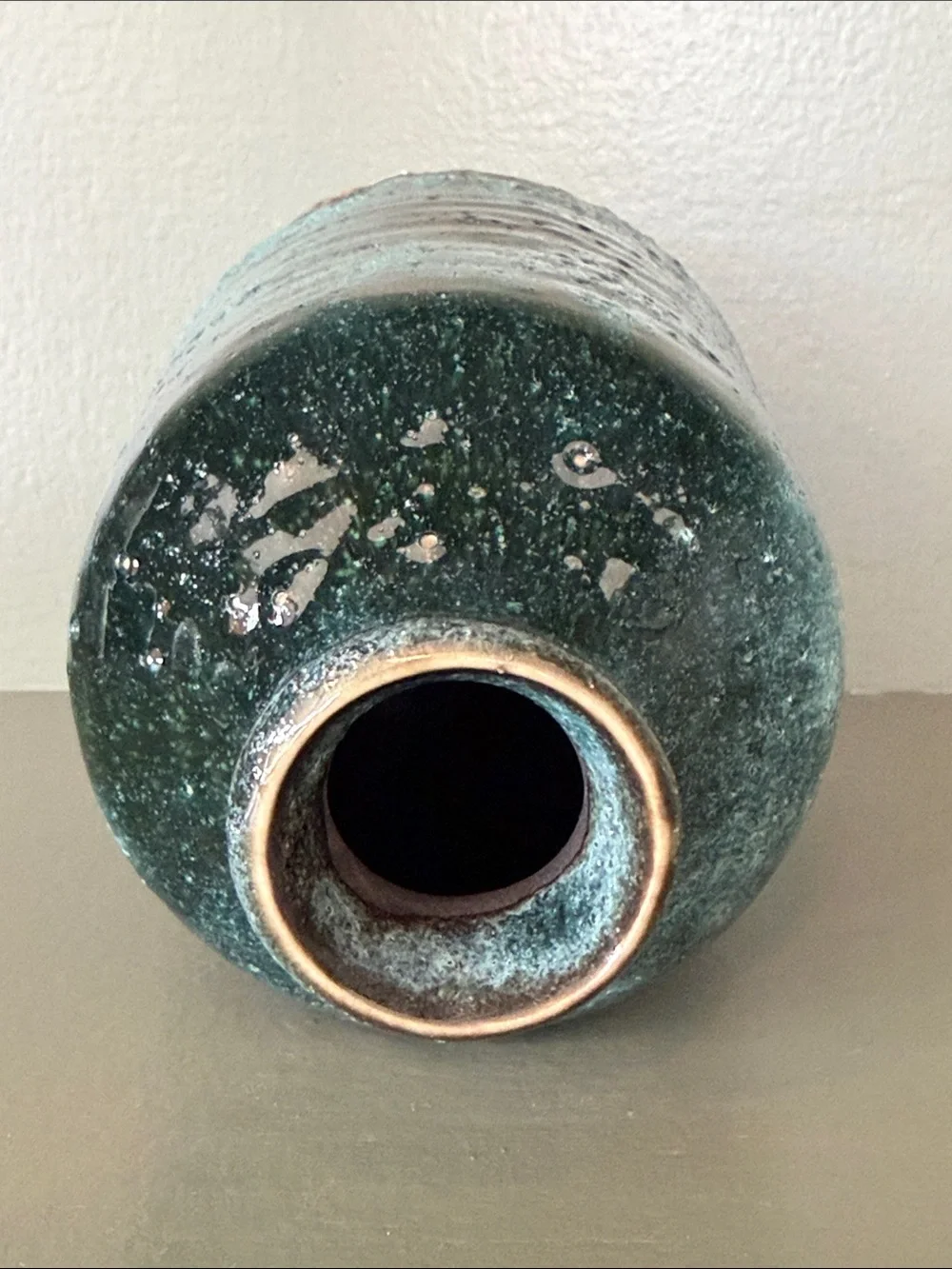 Blue-Green Stoneware Vase with Brown Rim
